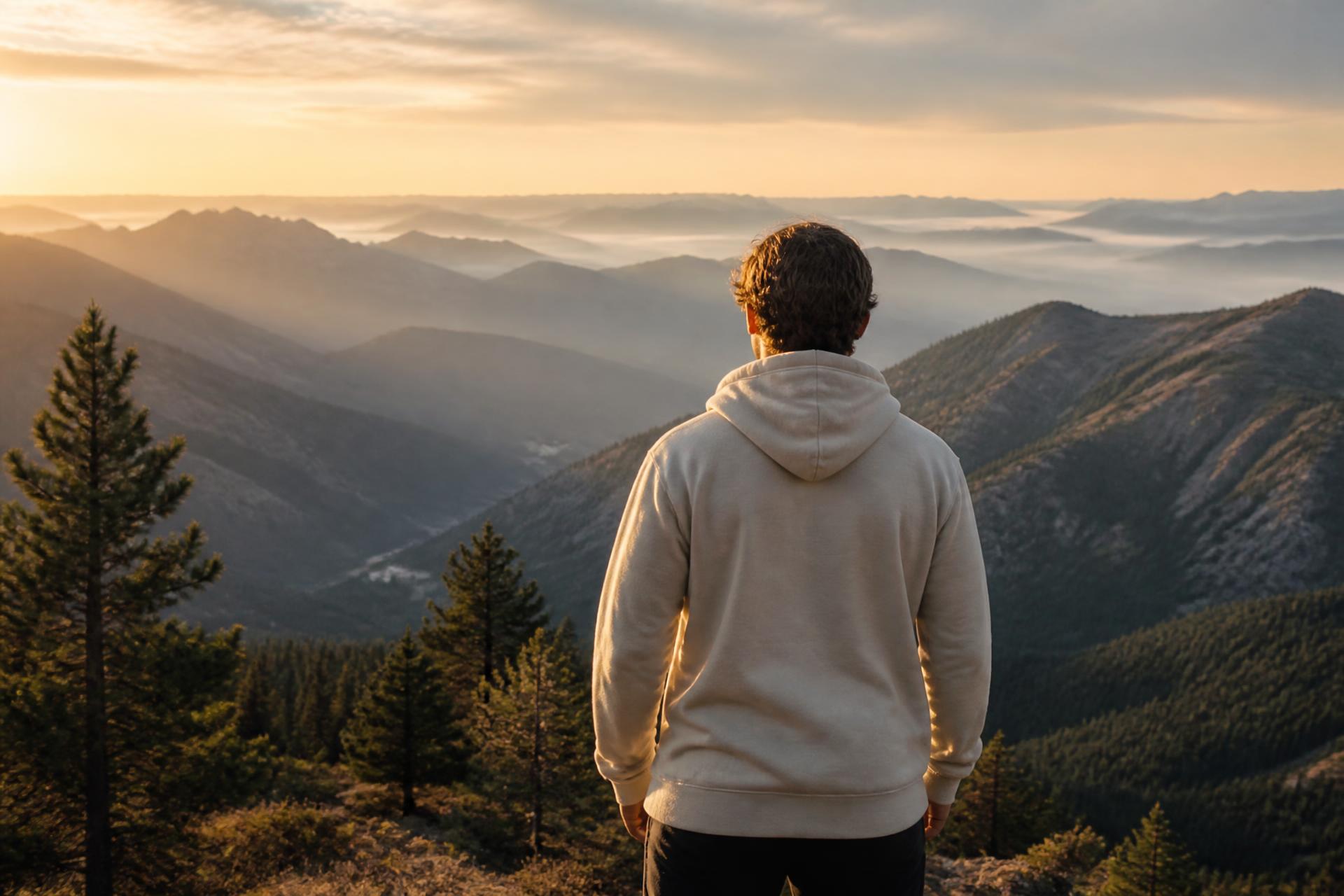 Person in a cream hoodie standing on a mountain overlook at sunrise